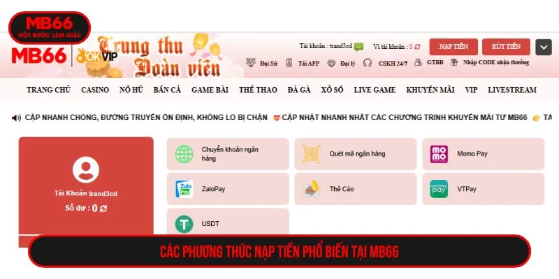 MB66 hỗ trợ nhiều phương thức nạp tiền